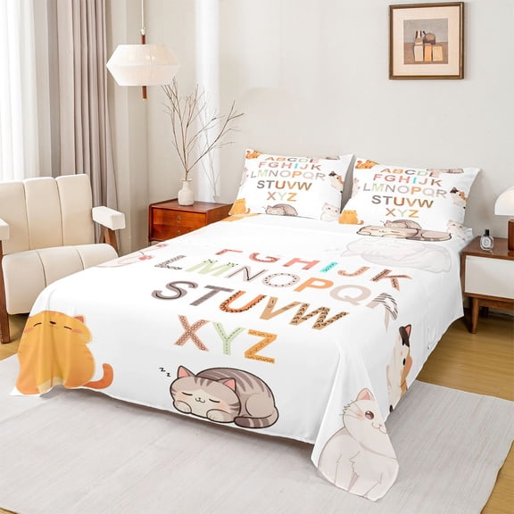 Feelyou Kawaii Cat Animal Bed Sheets, Monogrammed A - Z King Sheets, 4 Pieces