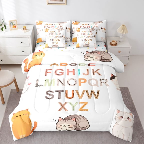 Feelyou Kawaii Cat Animal Bedding Comforter Set 7pcs, Monogrammed A - Z King Bedding Sets