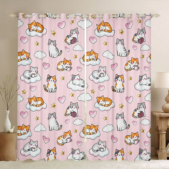 Feelyou Kawaii Cat Animal Black Out Curtains, Cute Cartoon Curtains Pack of 2 (42x63 Each)