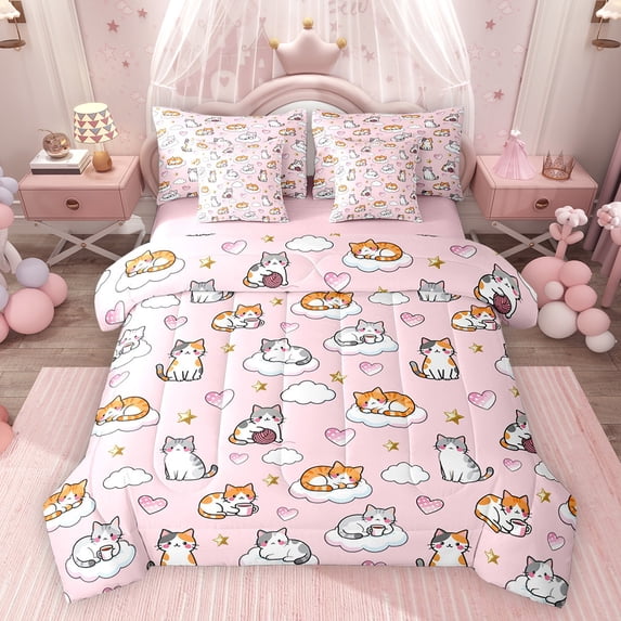 Feelyou Kawaii Cat Animal Twin Bedding Sets 7-Piece, Cute Cartoon Bedding Comforter Set