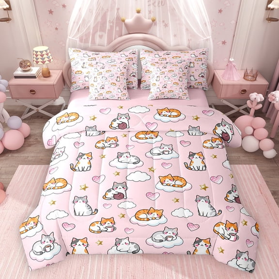 Feelyou Kawaii Cat Animal Twin Bedding Sets 7-Piece, Cute Cartoon Bedding Comforter Set