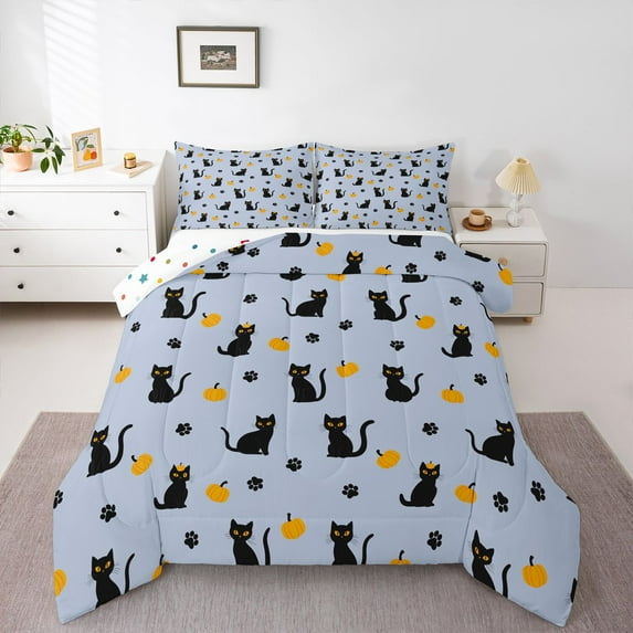 Feelyou Kawaii Cat Full Size Comforter Sets, Fall Pumpkin Bedding Sets, 3 Pieces