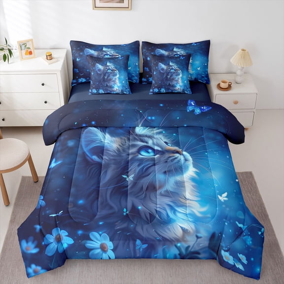 Feelyou Kawaii Cat Kitten Bedding Comforter Set 7pcs, Blue Groovy Flower Full Bedding Set