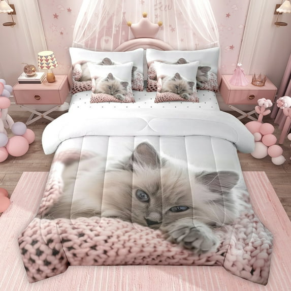 Feelyou Kawaii Cat Kitten Bedding Comforter Set 7pcs, Cute Cartoon Animal King Bedding Sets, Teens Kids Boys Girls Bed Sheets, Luxury Bedroom Decor