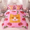 thumbnail image 1 of Feelyou Kawaii Cat Kitten Bedding Comforter Set 7pcs for Kids, Rose Flower Floral King Bedding Sets, Pink Cartoon Animal Theme Reversible Bed Sheets, Super Cozy Room Decor, 1 of 8