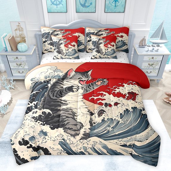 Feelyou Kawaii Cat Kitten Bedding Comforter Set 7pcs for Teens, Tokyo Ocean Waves Queen Bedding Sets, Retro Japanese Style Reversible Queen Sheet Sets, Lightweight Room Decor