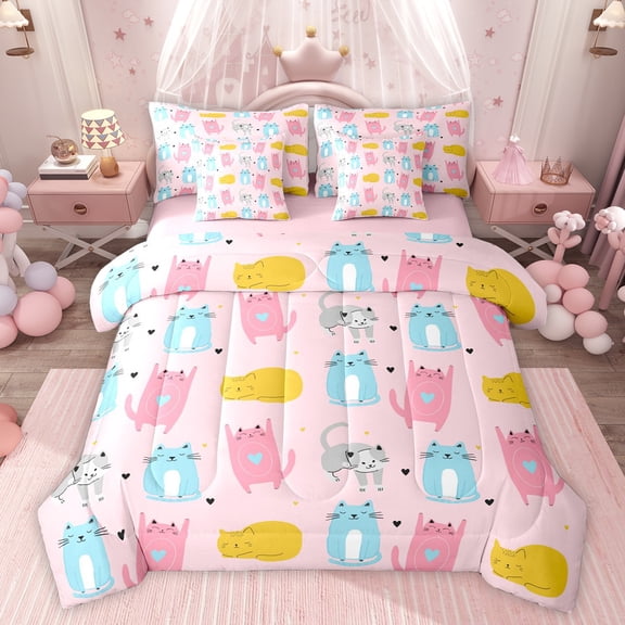Feelyou Kawaii Cat Lover Bedding Comforter Set 7 Pieces for Kids, Funny Kitten Animal Full Bedding Set, Girly Pink Cartoon Reversible Fitted Sheet Flat Sheet, Lightweight Room Decor