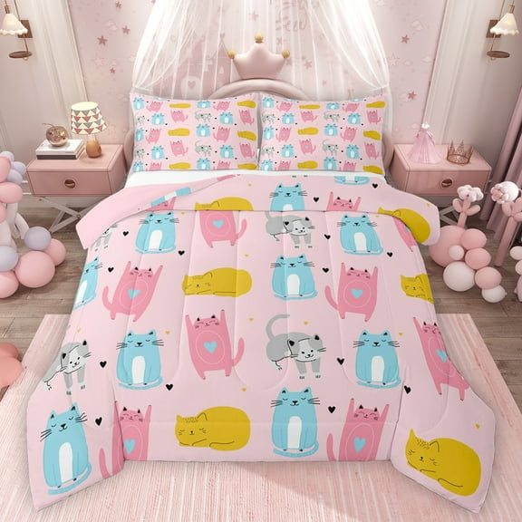 Feelyou Kawaii Cat Lover Bedding Comforter Set for Kids, Funny Kitten Animal Twin Comforter Sets, Girly Pink Cartoon Reversible Bedding Set, Lightweight Room Decor, 2 Pieces