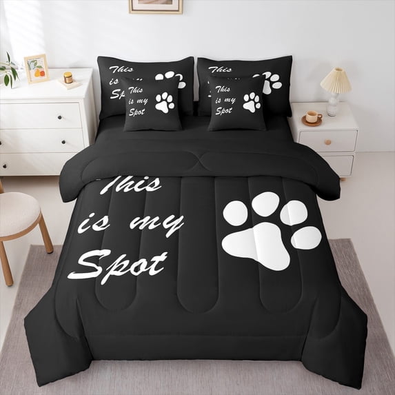 Feelyou Kawaii Cat Paw Twin Bedding Sets 7-Piece for Kids, Cute Dog Kitten Lover Bedding Comforter Set, Black White Cartoon Reversible Sheet Sets, Ultra Soft Home Decor