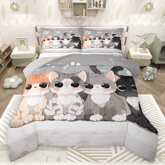 Feelyou Kawaii Cat Teens Queen Comforter Set, Cute Cartoon Kitten Bedding Sets, Anime Animal Style Reversible Bedding Comforter Set, Breathable Home Decor, 3 Pieces