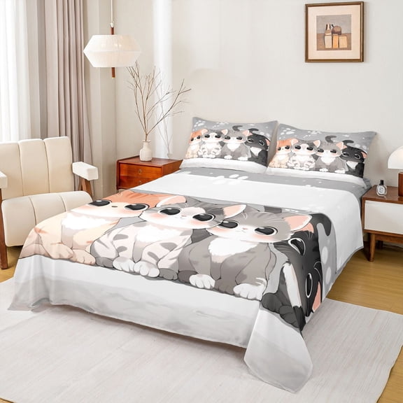 Feelyou Kawaii Cat Teens Twin Sheet Sets, Cute Cartoon Kitten Twin Fitted Sheet, Anime Animal Style Flat Sheet, Breathable Home Decor, 3 Pieces