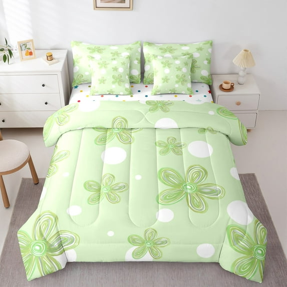 Feelyou Kawaii Cherry Blossoms Bedding Comforter Set 7pcs, Green Polkadots Abstract King Bedding Sets, Watercolor Flower Reversible Bed Sheets, Luxury Bedroom Decor