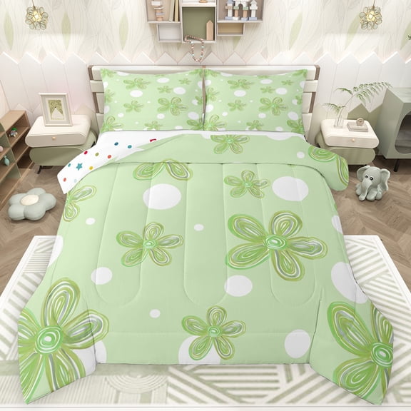 Feelyou Kawaii Cherry Blossoms Queen Comforter Set, Green Polkadots Abstract Bedding Sets, Watercolor Flower Reversible Bedding Comforter Set, Luxury Bedroom Decor, 3pcs