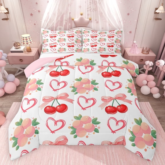 Feelyou Kawaii Cherry Bow-tie Bedding Comforter Set for Kid, Pink Love Heart Twin Comforter Sets, Cartoon Ribbon Theme Reversible Bedding Set, Breathable Home Decor, 2pcs