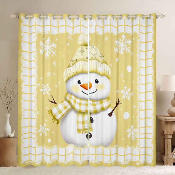Feelyou Kawaii Christmas Snowman Black Out Curtains, Happy New Year Curtains Pack of 2 (42x63 Each), Dreamy Yellow Snowflake Bedroom Curtains, Blackout Curtains Bedroom Decor