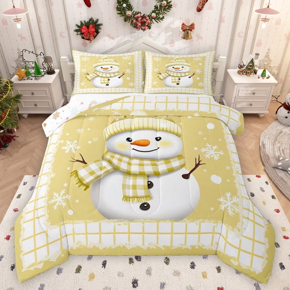 Feelyou Kawaii Christmas Snowman Full Size Comforter Sets, Happy New Year Bedding Comforter Set, Dreamy Yellow Snowflake Reversible Bedding Sets, Luxury Bedroom Decor, 3-Piece