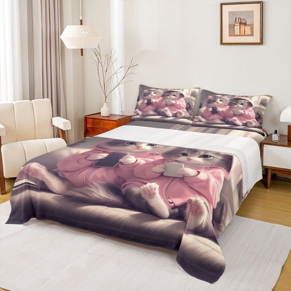Feelyou Kawaii Couple Cat Bed Sheets, Cute Kitten Lover King Sheets, Teens Kids Boys Girls Sheet Set, Luxury Bedroom Decor, 4pcs