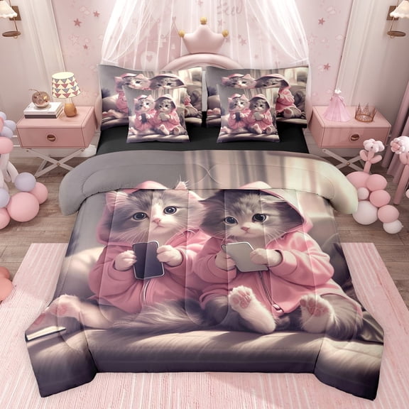 Feelyou Kawaii Couple Cat Twin Bedding Sets 7-Piece, Cute Kitten Lover Bedding Comforter Set, Teens Kids Boys Girls Reversible Sheet Sets, Luxury Bedroom Decor