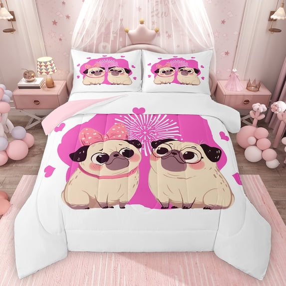 Feelyou Kawaii Couple Dog Bedding Comforter Set for Teens, Cartoon Love Heart Twin Comforter Sets, Anniversary Theme Reversible Bedding Set, Luxury Bedroom Decor, 2 Pieces