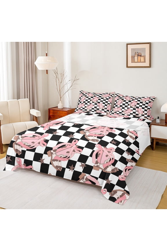 Kawaii Cowgirl Boot Queen Sheet Sets for Kids, Princess Ribbon Bow-tie Flat Sheet, Black White Buffalo Queen Fitted Sheet, Luxury Bedroom Decor, 4 Pieces