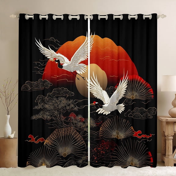 Feelyou Kawaii Cran Animal Black Out Curtains for Teen, Tokyo Plant Botanical Curtains Pack of 2 (42x63 Each), Black Red Japanese Style Bedroom Curtains, Black Out Curtains Decor