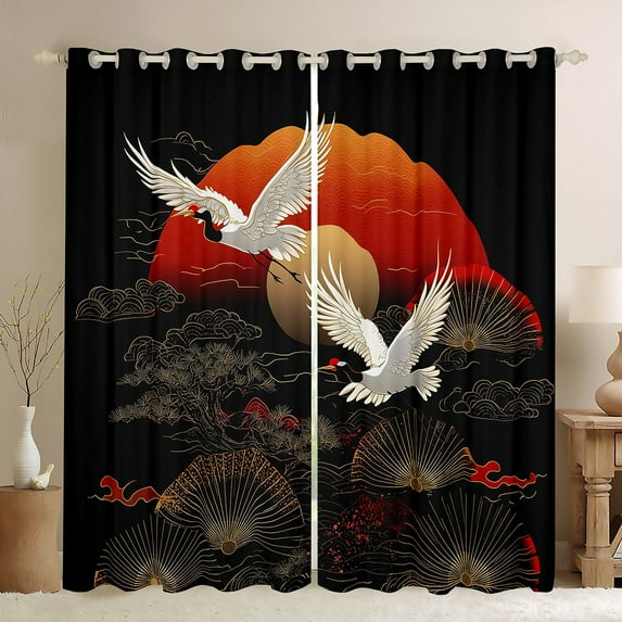 Feelyou Kawaii Cran Animal Black Out Curtains for Teen, Tokyo Plant Botanical Curtains Pack of 2 (42x63 Each), Black Red Japanese Style Bedroom Curtains, Black Out Curtains Decor