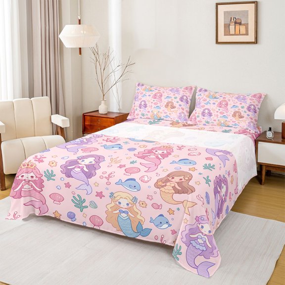 Feelyou Kawaii Crown Mermaid Princess Bed Sheets for Kids Girls, Dolphin Star Coral Fairy King Sheets, Pink Purple, 4pcs