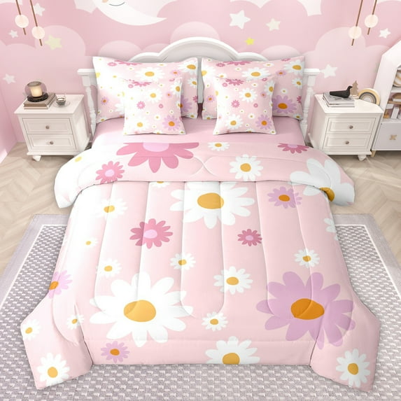 Feelyou Kawaii Daisy Flower Twin Bedding Sets 7-Piece for Kids, Cute Daisy Print Bedding Comforter Set, Cartoon Floral Theme Reversible Sheet Sets, Breathable Home Decor