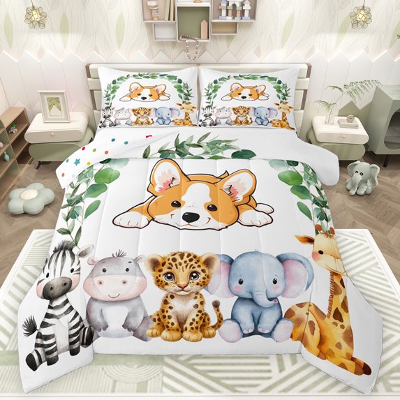 Feelyou Kawaii Dalmatian Dog Full Size Comforter Sets for Kids, Hippo Zebra Wildlife Bedding Comforter Set, Green Leaf Plant Reversible Bedding Sets, Ultra Soft Bedroom Decor, 3 Pieces