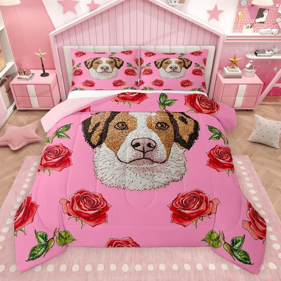 Feelyou Kawaii Dalmatian Dog Queen Comforter Set, Fashion Red Rose Floral Bedding Sets, Teens Kids Boys Girls Reversible Bedding Comforter Set, Ultra Soft Bedroom Decor, 3-Piece
