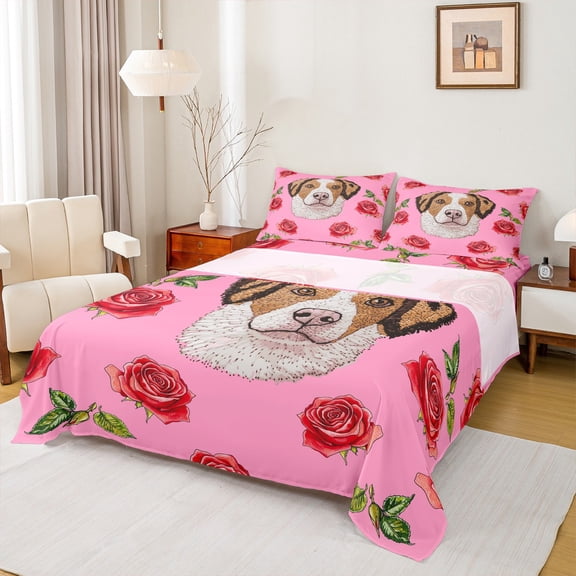 Feelyou Kawaii Dalmatian Dog Twin Sheet Sets, Fashion Red Rose Floral Twin Fitted Sheet, Teens Kids Boys Girls Flat Sheet, Ultra Soft Bedroom Decor, 3-Piece