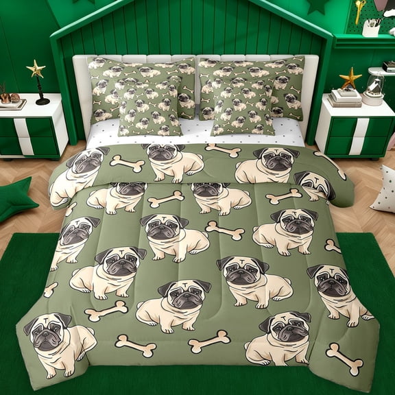 Feelyou Kawaii Dalmatian Kids Twin Bedding Sets 7-Piece, Funny Dog Pug Lover Bedding Comforter Set, Cartoon Animal Theme Reversible Sheet Sets, Ultra Soft Bedroom Decor