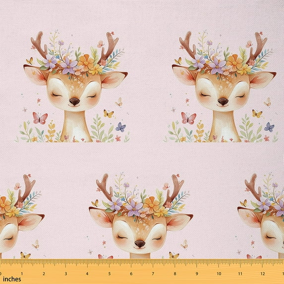 Feelyou Kawaii Deer Fabric by the Yard 3 Yards for Kids, Flower Floral Home Decor Fabric by the Yard, Dreamy Butterfly Sewing Fabric, Luxury Bedroom Decor