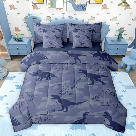 Feelyou Kawaii Dino Child Bedding Comforter Set 7pcs, Camouflage Abstract Full Bedding Set