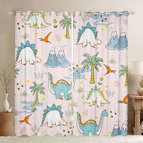 Feelyou Kawaii Dino Curtains Pack of 2 (42x84 Each) for Girls, Volcano Palm Wildlife Curtains Blackout, Pink