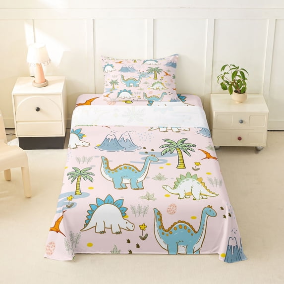 Feelyou Kawaii Dino Twin Sheet Sets for Girls, Volcano Palm Wildlife Bedding, Pink, 3 Pieces