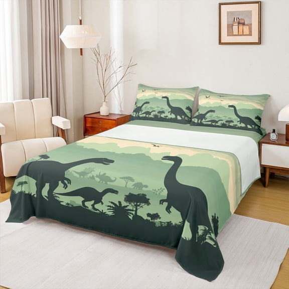 Feelyou Kawaii Dinosaur Family Twin Sheet Sets for Kid, Cute Jungle Dino Twin Fitted Sheet, Funny Animal Theme Flat Sheet, Breathable Home Decor, 3pcs