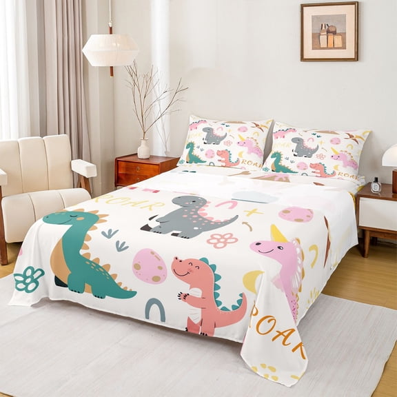 Feelyou Kawaii Dinosaur Kids Bed Sheets, Cute Dino Animal King Sheets, Cartoon Flower Floral Sheet Set, Lightweight Room Decor, 4pcs
