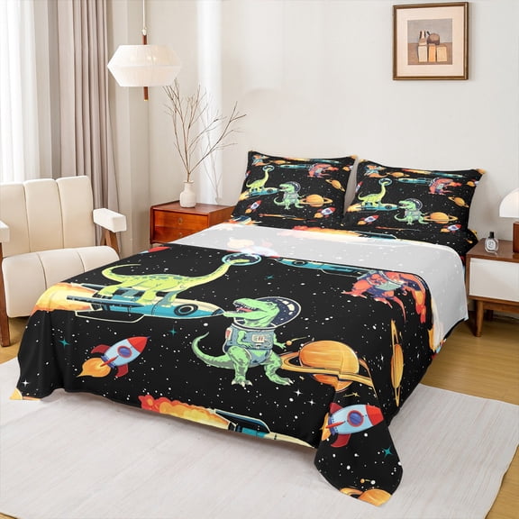 Feelyou Kawaii Dinosaur Kids Bed Sheets, Mystic Outer Space King Sheets, Stars Rocket Planet Sheet Set, Microfiber Bedroom Decor, 4pcs