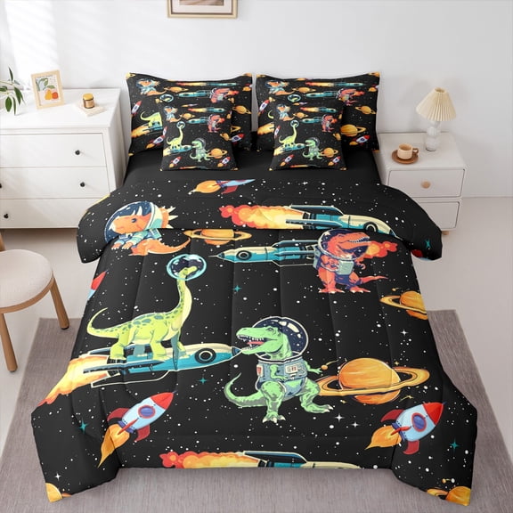 Feelyou Kawaii Dinosaur Kids Bedding Comforter Set 7pcs, Mystic Outer Space King Bedding Sets, Stars Rocket Planet Reversible Bed Sheets, Microfiber Bedroom Decor