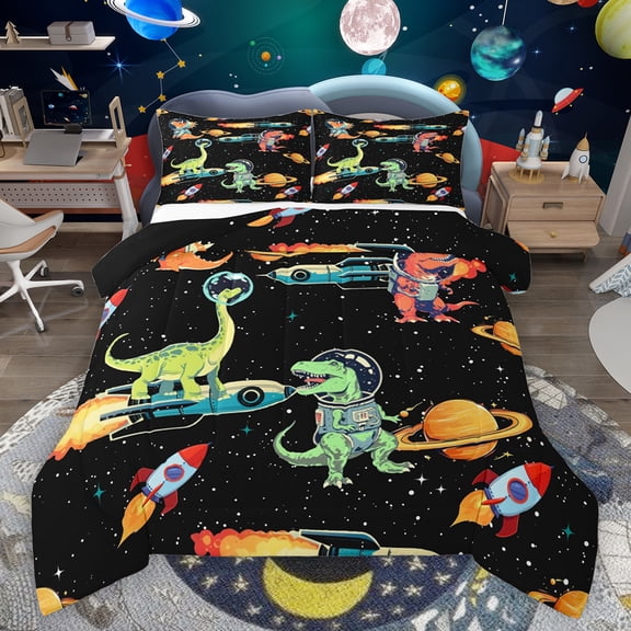 Feelyou Kawaii Dinosaur Kids Bedding Comforter Set, Mystic Outer Space Twin Comforter Sets, Stars Rocket Planet Reversible Bedding Set, Microfiber Bedroom Decor, 2pcs