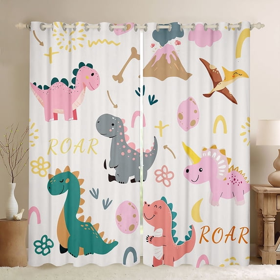 Feelyou Kawaii Dinosaur Kids Black Out Curtains, Cute Dino Animal Curtains Pack of 2 (42x63 Each), Cartoon Flower Floral Bedroom Curtains, Blackout Curtains Room Decor