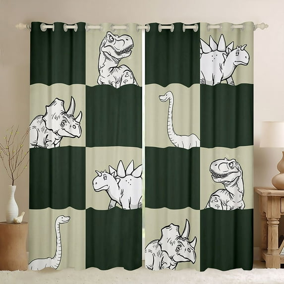 Feelyou Kawaii Dinosaur Kids Curtains Pack of 2 (42x84 Each), Cute Jungle Animal Curtains Blackout, Cartoon Patchwork Plaid Bedroom Curtains, Curtains and Drapes Decor