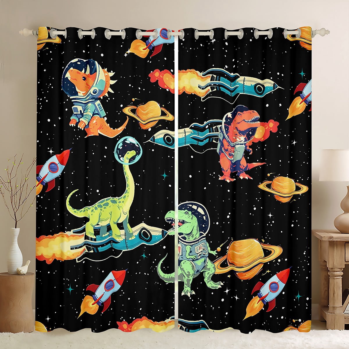 Feelyou Kawaii Dinosaur Kids Curtains Pack of 2 (42x84 Each), Mystic Outer Space Curtains Blackout, Stars Rocket Planet Bedroom Curtains, Black Out Curtains Decor