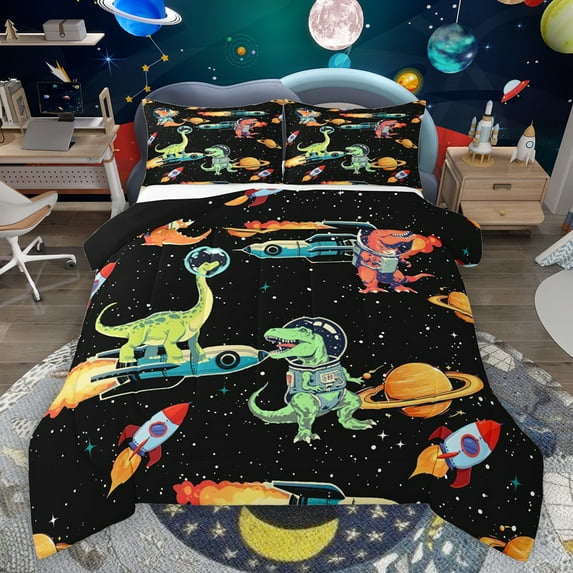 Feelyou Kawaii Dinosaur Kids Queen Comforter Set, Mystic Outer Space Bedding Sets, Stars Rocket Planet Reversible Bedding Comforter Set, Microfiber Bedroom Decor, 3pcs