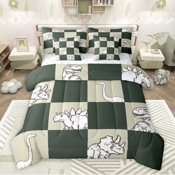 Feelyou Kawaii Dinosaur Kids Twin Bedding Sets 7-Piece, Cute Jungle Animal Bedding Comforter Set, Cartoon Patchwork Plaid Reversible Sheet Sets, Luxury Bedroom Decor