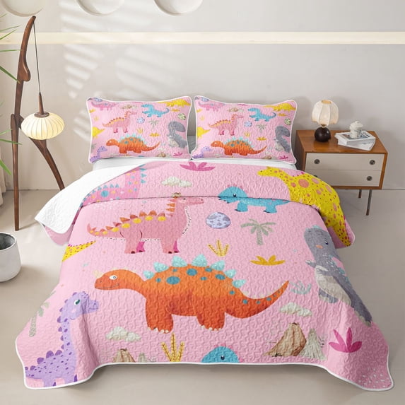 Feelyou Kawaii Dinosaur Quilt Full for Girls, Volcano Dino Full Bedspread Sets, Pink, 3-Piece