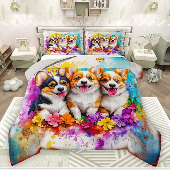 Feelyou Kawaii Dog Lover Full Size Comforter Sets, Cute Dalmatian Animal Bedding Comforter Set, Watercolor Floral Flower Reversible Bedding Sets, Microfiber Bedroom Decor, 3-Piece