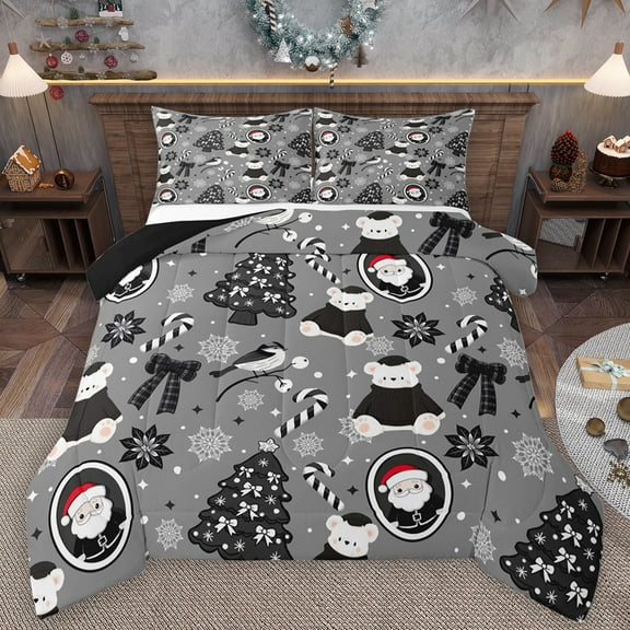Feelyou Kawaii Doll Bear Queen Comforter Set for Kids, Grey Christmas Tree Bedding Sets, Princess Bowknot Reversible Bedding Comforter Set, Lightweight Room Decor, 3pcs