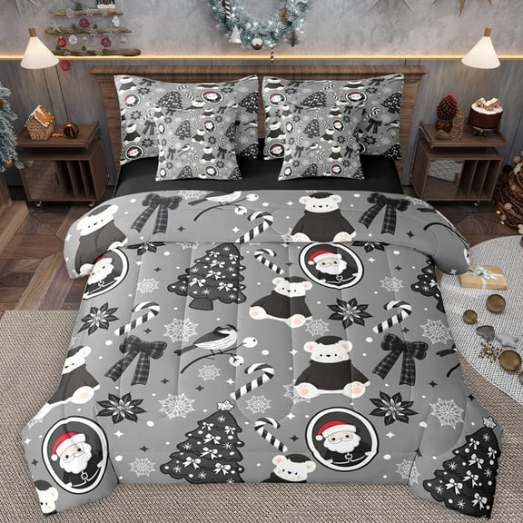 Feelyou Kawaii Doll Bear Twin Bedding Sets 7-Piece for Kids, Grey Christmas Tree Bedding Comforter Set, Princess Bowknot Reversible Sheet Sets, Lightweight Room Decor